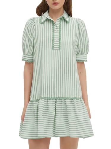 Image of EZAPINE Women Striped Shirt Dress Summer Button Down Collared Short Puff Sleeve Ruffle Hem Casual Flowy Mini Dress