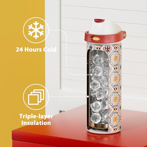 Image of 24 oz Insulated Water Bottle for Sports: Meoky Stainless Steel Water Bottle with 2-in-1 Straw and Spout Lid - Leak Proof, Cold for 24 Hours, Fits in Car Cup Holder, BPA-Free for Travel Gym, Folk Charm