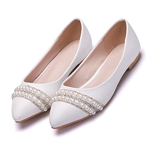 XCTLZG Chaussures de mariée pour femme - Chaussures plates en cristal - Franges - Perles et strass - Blanc - 38 EU (41 EU) Cover
