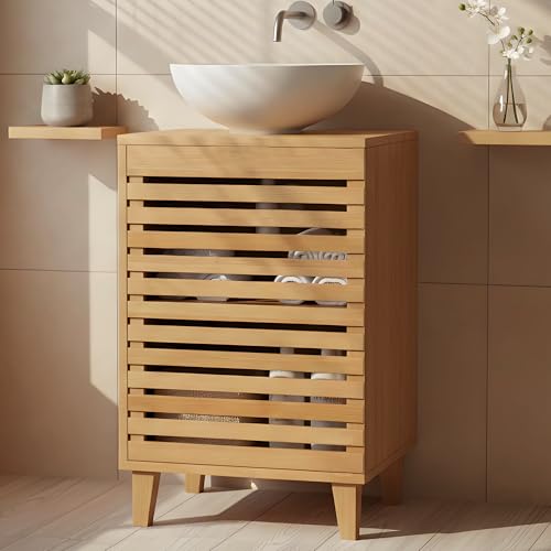 MinteLiv Waschbeckenunterschrank 40cm breit Schmaler Badezimmerschrank Bambus platzsparender Badunterschrank mit 1 Tür & Ablage Badschrank 40x30x60cm Natur