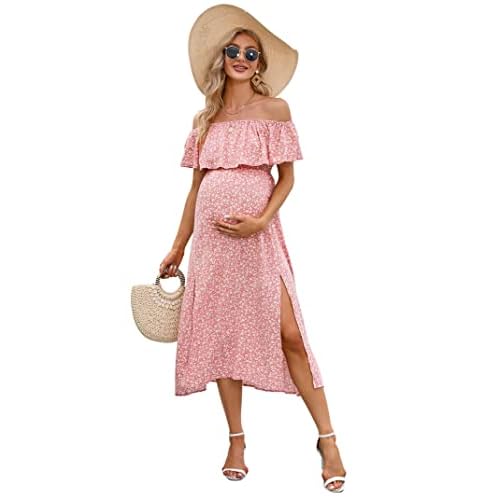 Maternity Dress Women's Off Shoulder Split A Line Casual Maxi Dress Photography Dress for Babyshower, X-Large, Pink Redfloral