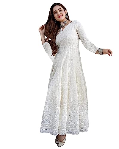 LookMark Women's Cotton Straight Fit Straight Chikankari Long Kurti Gown