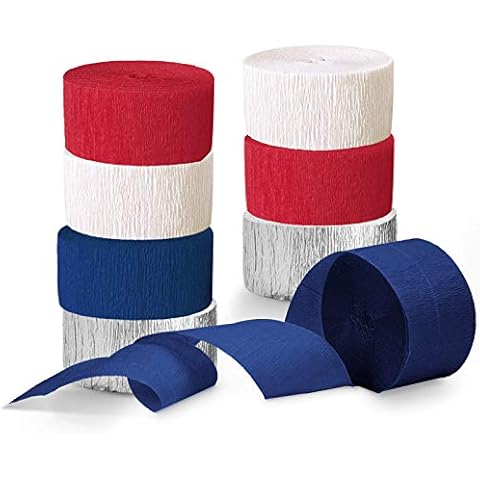 NICROLANDEE 8 Rolls Red Blue White Crepe Paper Streamers for Weddings, Patriotic Decorations, Birthday, British Royal Theme, Graduation, French, USA July 4th, National Day Decor Cover