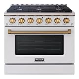 Akicon 36" Slide-in Freestanding Professional Style Gas Range with 5.2 Cu. Ft. Oven, 6 Burners, Convection Fan, Cast Iron Grates, & Blue Porcelain Oven Interior, In White with Gold