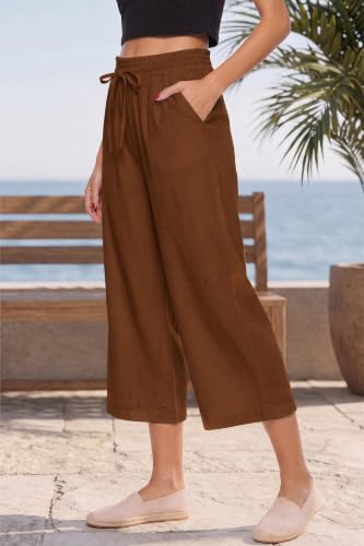 Image of LNX Women's Linen Pants Wide Leg High Waisted Capri Pants with Pockets | Capris, Elastic Waist, Drawstring, Loose, High Rise, Palazzo Pants, Beach, Vacation, Flowy, Lounge & Casual Trousers, XS-5XL