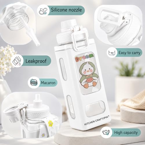 Image of Kawaii Water Bottle for Girls with Straw & Movable Handle | Leak-Proof BPA-Free Cute Plastic Bottle with 2D & 3D Stickers | Stylish School & Travel Bottle for Kids (750 ml) (White)