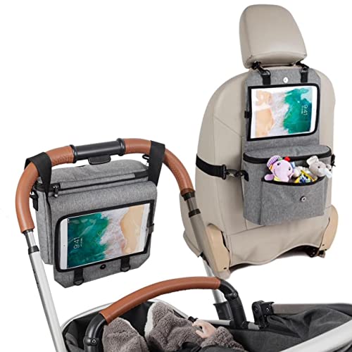 Image of TEKIN Kids Car Seat Organizer with iPad Holder Backseat Car Organizer for long Trips for Kids Stroller Organizer Bag with Tablet Holder, Car Travel Accessories Kids Essentials Organizer Bag -Gray