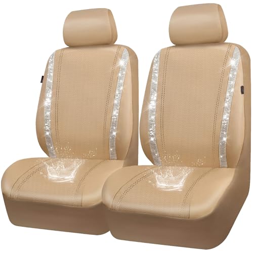 CAR PASS Leather Bling Diamond Car Seat Covers 2 Front Interior Sets Waterproof Universal Shining Glitter Crystal Sparkle Fit for 95% Automotive Truck SUV Cute Women Girl Beige Rhinestone