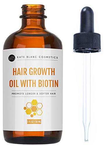 Hair Growth Oil with Biotin and Castor Oil 1oz by Kate Blanc Cosmetics. Promote Longer, Softer, Stronger Hair for All Hair Types
