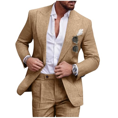 Diaryan Men Suits Linen Formal Tuxedo Regular Fit Blazer 2 Piece Khaki One Button Solid Jacket and Pants for Prom Wedding XS