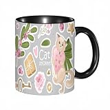 Taza de colores,Un conjunto de pegatinas e iconos de gatos. Ilustraciones vectoriales. Impresión de invitaciones en tarjetas de pap,regalo de cumpleaños, trabajo, oficina, Navidad, té, café (negro)