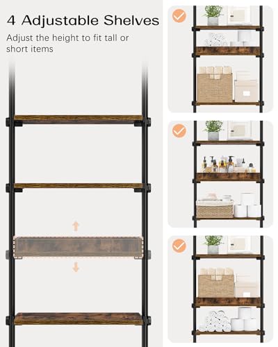 ALLZONE 4-Tier Over The Toilet Storage Shelf, Wood Bathroom Organizer Over Toilet Cabinet with Adjustable Shelf, Versatile Rack Fits Most Tight Space, Easy Assembly, 92" to 116" Height, Rustic Brown