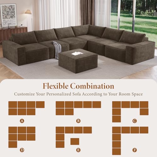 Image of Vesgantti 143.7 inch Boneless Couch for Living Room, 6 Seater Modular Sectional Sofa with Ottoman & Deep Seat, Convertible Chenille Oversized Cloud Couches, No Assembly Required, Dark Brown