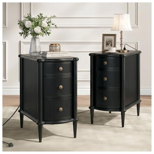Image of JOINICE Narrow End Table with Drawers Set of 2, Vintage Black | Slim Nightstand with Storage for Bedroom, Skinny Bed Side Table with Charging Station for Small Spaces, Wood-Grain Texture