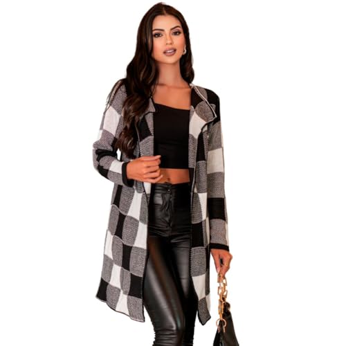 Cardigan Tricot Feminino Parka Xadrez Manga Longa Tricot Moda Quentinho Inverno Blogueira Kimono Fri