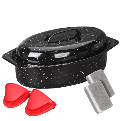 bajindan 13 Inch Enamel Roasting Pan with Lid & Rack Oven & Dishwasher Safe Turkey Roaster 932F Heat Resistant Includes Silicone Handles & Cleaning Sponges