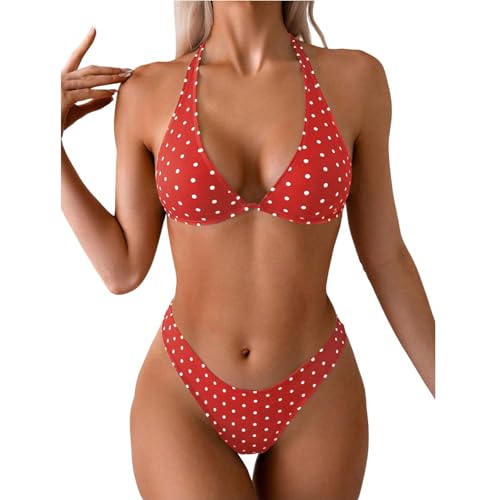 Conjunto de bikini triangular de lunares para mujer, traje de baño de dos piezas con cuello halter con parte inferior de corte alto, traje de baño clásico con estampado de lunares para vacaciones de