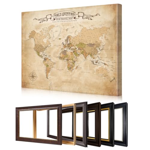 Image of DECORARTS - Personalized World Travel Map with Pins, Custom Name, Pin Board Canvas Wall Art, Antique Vintage Old World Decor, Optional Wood Frame, Giclee Print, Handcrafted in USA, 20x16''