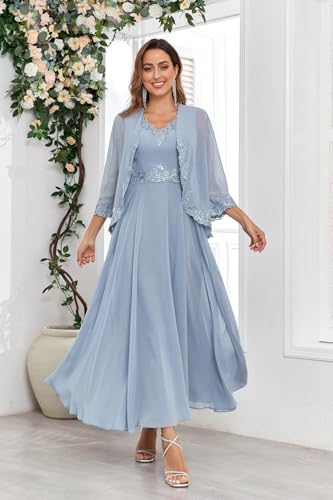 Women's 2 Pieces Lace Mother of The Bride Dresses with Jacket Chiffon Sequin Formal Evening Wedding Guest Dress4