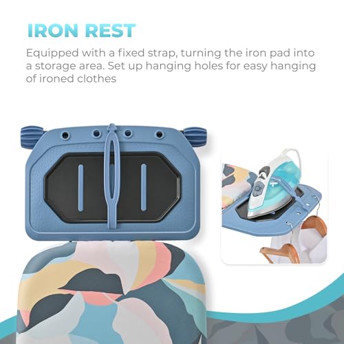 KINGBOARD Ironing Board, Metal Panel Foldable Iron Board with Iron Rest, Compact Portable Ironing Board with 7 Height Adjustable, Heavy Duty Folding Iron Stand with Hanger, 15x45 Dark Blue - Thumbnail 4