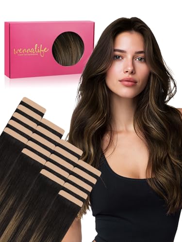 Image of WENNALIFE Fuller Tape in Hair Extensions Human Hair, 16 inch 20pcs 80g Balayage Dark Brown Mixed Chestnut Brown Remy Hair Straight Tape in Extensions Skin Weft Tape Ins Extensiones De Cabello Humano