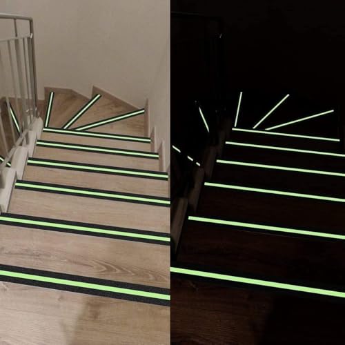 Image of YORWE Anti Slip Stair Tape with Glow in the Dark Strip - Heavy Duty Waterproof Non Slip Traction Tape for Stairs, Steps, Outdoor & Indoor Safety (Green, 5 Meter)