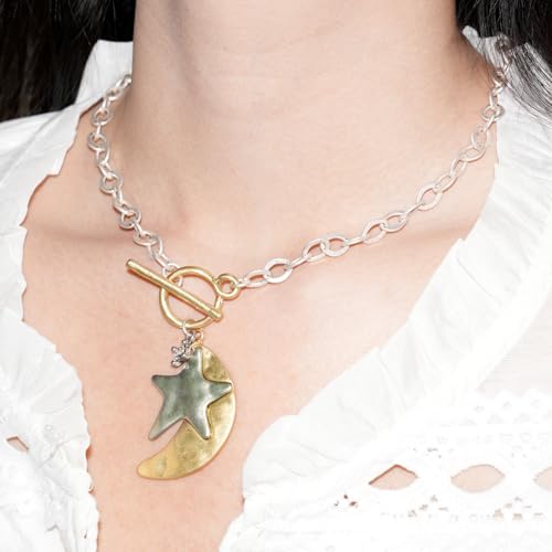 Women's Chunky Gold Layered Pendant Necklace - Antique Toggle Closure & Thick Chain Links, Moon & Star Trendy Statement Jewelry Gift3