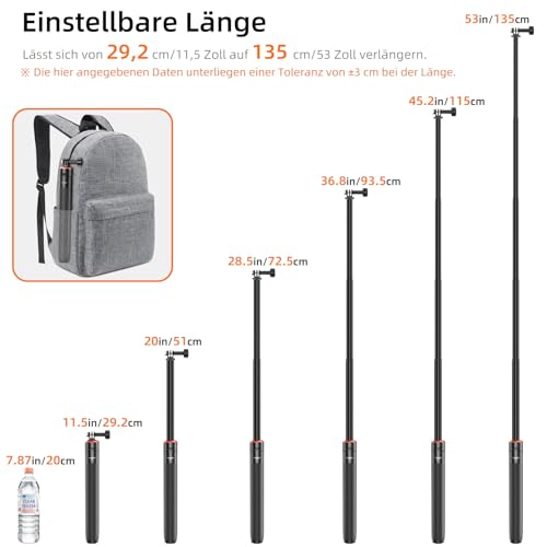135cm Selfie Stick Stativ für DJI Osmo Pocket 4/3, GoPro Hero 13/12/11/10/9/Max2, DJI Action 6/5 Pro/4, AKASO EK7000 - Action Cam 2-in-1 Reisestativ/Halterung/Hand Grip/Zubehör 5