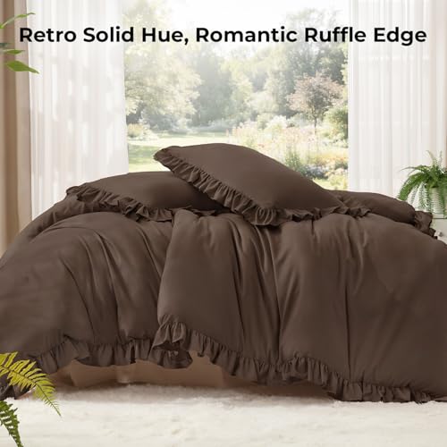 Image of Litanika Brown Twin Size Comforter Sets, 2 Pieces Ruffle Farmhouse Aesthetic Bedding Comforter Sets, All Season Soft Lightweight Fluffy Microfiber Bed Set(66x90In Comforter, 1 Pillowcase)