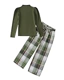 SODLON Girls Clothes Kids Fall Winter Outfits Ribbed Solid Long Sleeve Top Plaid Wide Leg Pants with Belted Casual Trendy School Little Girl Clothing Green Size 5-6