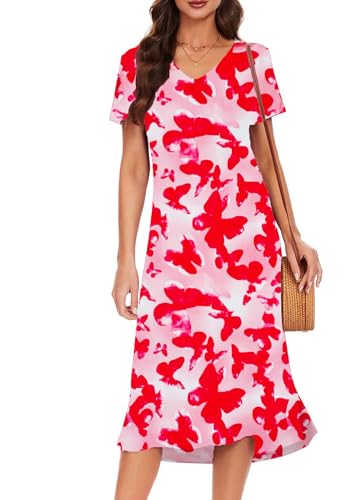 VOBCTY Vestido casual de manga corta para mujer, vestido de verano con abertura lateral y cuello en V, 01-mariposa, XL