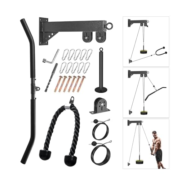 Wall Mounted Pulley System, Low Cable Machine Pulley System for LAT Pulldown, Biceps Curl Home Gym Equipment with Fitness Pull Down Bar, Tricep Rope