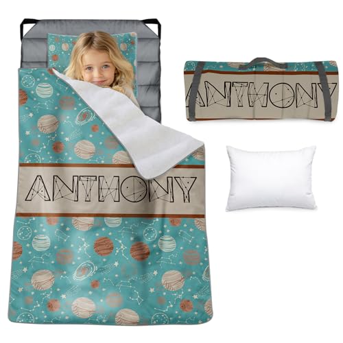 Evulum Custom Nap Mats for Daycare Cot Bedding, Toddlers Kids Sleep Mat with Removable Pillow and Blanket for Standard Size Cot Sheet, Personalized Name Soft Sleeping Bag Blue Planet