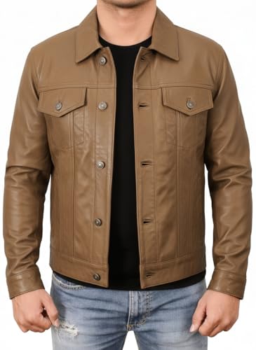 Image of Leather Trucker Jacket Men - Real Lambskin Shirt Style Vintage Fashion Mens Leather Jacket