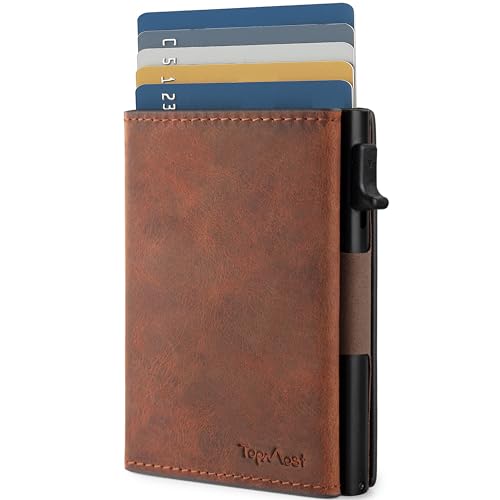 TopMost Genuine Leather Pop Up Wallet for Men, Credit Card Holder, RFID Blocking Ridge Wallets for Men with ID Window, Slim, Minimalist, 5-9 Card Capacity & Cash Slot