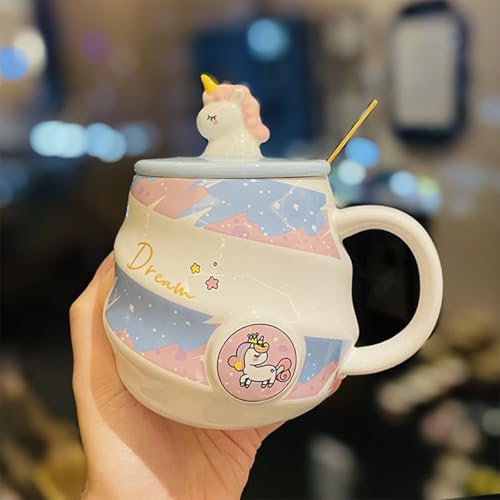 Image of Spooky Unicorn Ceramic Mug with Lid and Spoon - 400ml Cartoon Coffee Cup for Kids, Girls & Women - Gift for Birthday, Office, Christmas, Valentine's Day - Ins-Style Animal Tea Mug (Blue)