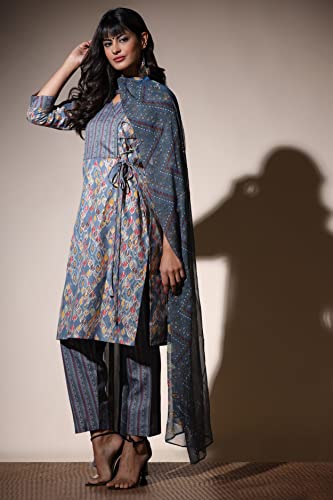 Image of Leriya Fashion Women's Kurta Pant Dupatta Set || Cotton Blend Abstract Leaf Printed Kurti Pant Dupatta Pair || Flattering Front Placket Neck Design || for Outing || Regular Wear