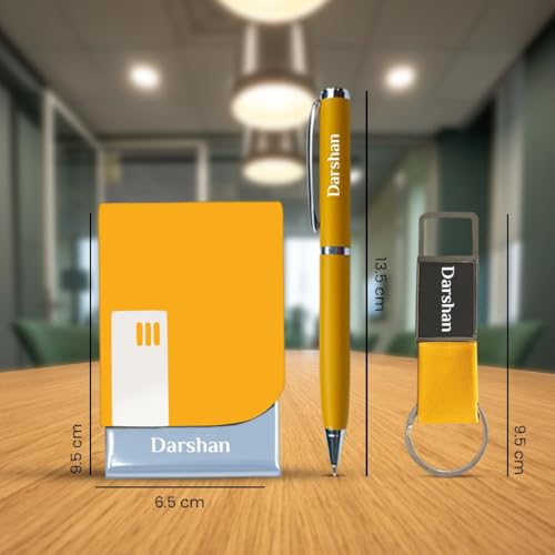 Image of Giftana Personalized Card Holder with Pen, Keychain with Name, 3 in 1 Customized Pen, Card Holder Keychain Gift Set, Personalised Gifts for Husband, Corporate Gifts for Employee (Yellow)