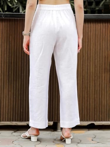 Image of Vogaan Women Cotton Linen Blend Straight Fit Trousers | High Waist Casual Office Pants | Solid Ankle Length Bottom Wear