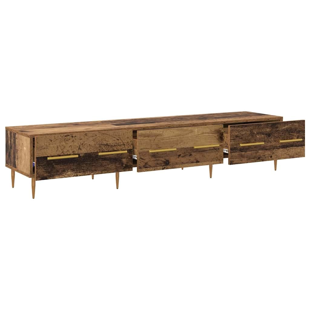 TV meubel met lade en 3 planken, 150 x 36 x 30 cm, rustiek hout effect, vintage design, gouden poten, entertainment center voor woonkamer, opbergkast voor multimedia apparaten, stabiel hout materiaal