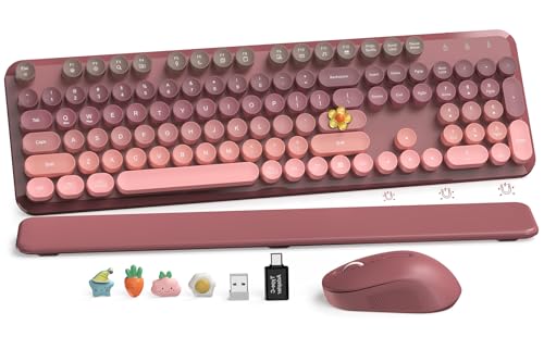 Image of Wireless Keyboard and Mouse Combo, Round Keycaps, Full-Size Retro Typewriter Keyboard with Magnetic Wrist Rest, Tilt Legs, 2.4GHz Cordless for Mac, Windows PC, Laptop, SABLUTE CK23, Dusty Rose Ombre
