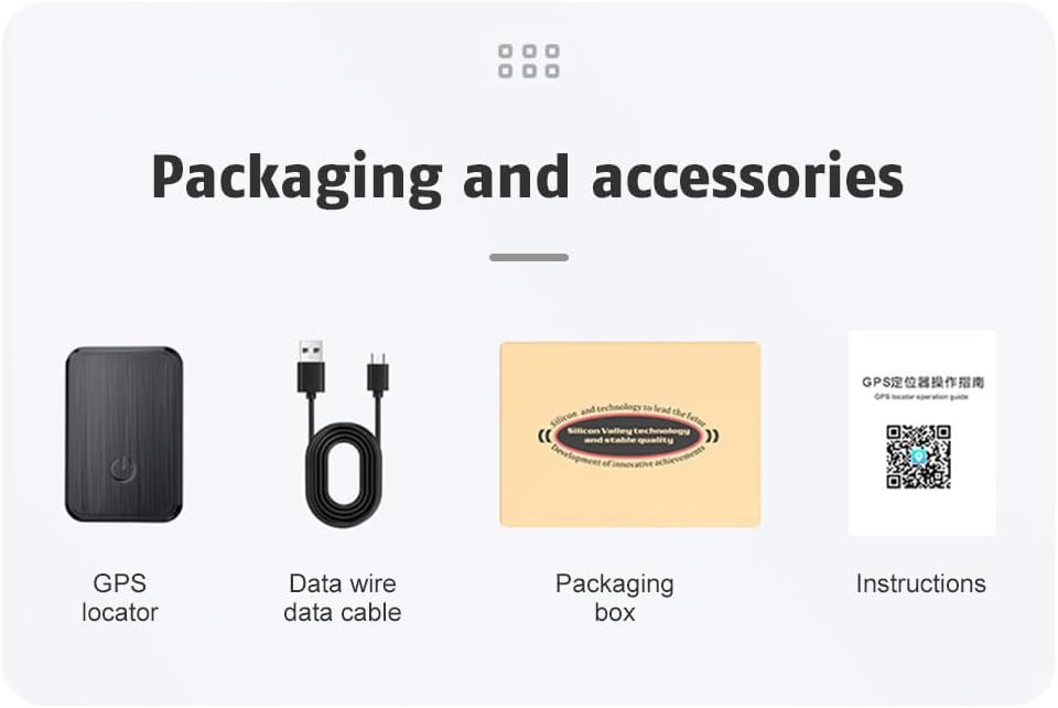 Packaging and accessories for YOUNICE GF08 GPS Tracker, showing the tracker, data cable, packaging box, and instructions.