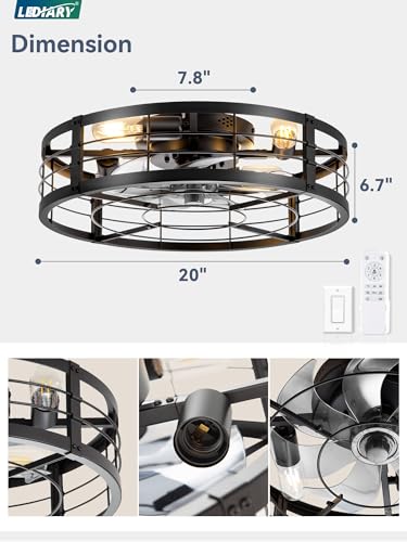 Image of LEDIARY 20 inch Caged Ceiling Fan with light and Remote, Low Profile Flush Mount Fandelier, Black Bladeless Enclosed Small Fan Ceiling Light Fixtures, Rustic Farmhouse Style for Bedroom, Outdoor