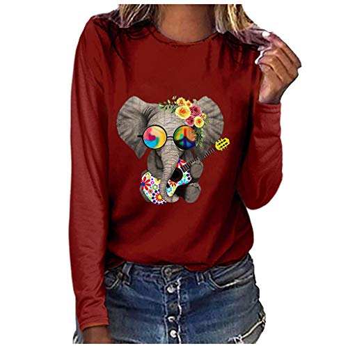 Fall Graphic Tshirts for Women Long Sleeve Elephant Print Funny T-Shirt Tops Casual Loose Junior Teen Girl Tees Blouse Wine