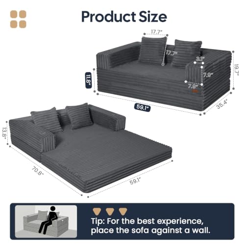 Image of COMAX Futon Sofa Bed, Convertible Sofa Bed, Folding Boneless Couches | Boneless Couch for living room, Fold Out Small Foldable Loveseat Floor Sleeper Mattress Lounge Space‑Saving, Ash Gray