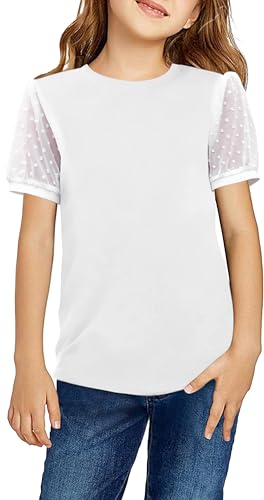 Arshiner Girls T-Shirts Chiffon Sleeves Kids Summer Cotton Round Neck Short Sleeve Tops Casual Basic Tee Shirt for Girls 9-10 Years White