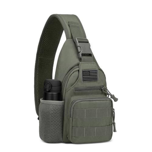 ZHIERNA Tactical Crossbody Bag for Men with Water Bottle Holder, MOLLE EDC Shoulder Sling Chest Bags with USB Charging Port for Travel Walk(Grey Green)