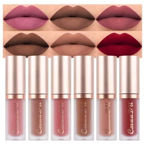 Image of evpct 6Pcs Dark Light Nude Brown Matte Matt Liquid Lipstick Lip Gloss Glossy Set for Black Women, 24 Hour Brown Mauve Red Maroon Silky Velvet Lipstick Lip Liner set labiales matte larga duracion 24