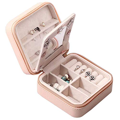 Beaut(TM) Jewelry Organizer Box Display Storage Zippered Mini Travel Case for Women/Girls  Portable with Built-in Mirror Jewelry Holder (Pink)