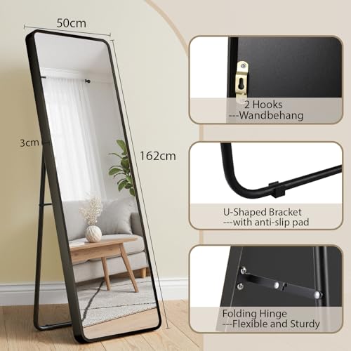 Clevich Premium Standspiegel 162x50 cm, Groß Wandspiegel Ganzkörperspiegel mit 3 cm Dicker Rahmen aus Aluminium und Feste Rückwand, Deko Spiegel für Wohn Schlaf Bad, Runden Ecken Schwarz